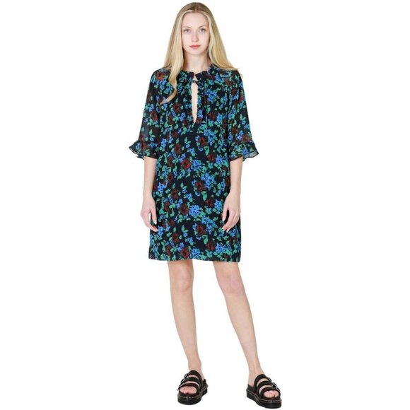 Ganni Flouncy Mini Dress Meadow Azure Floral Womens Size 32 XXS Oversized - Picture 1 of 12